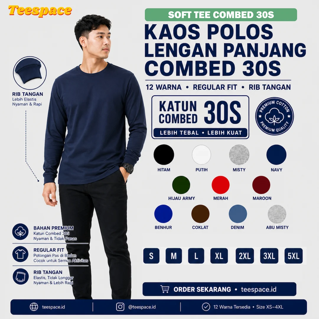 Kaos Polos Cotton Combed 30s Lengan Panjang RIB Karet Tangan — Teespace.id