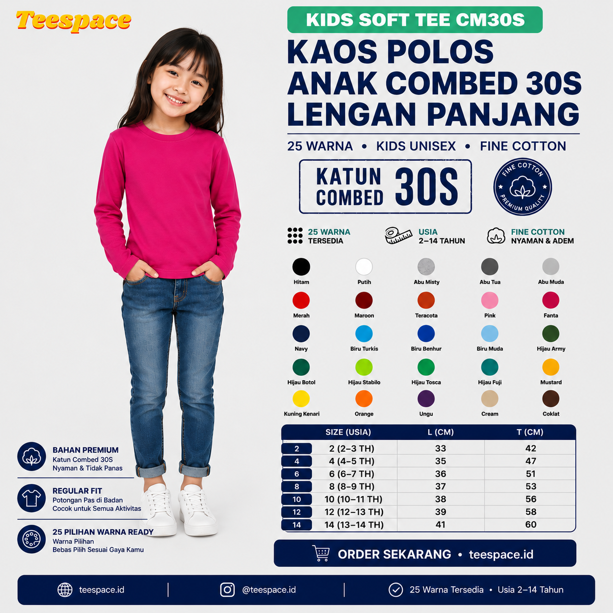 Kaos Anak Cotton Combed 30s Lengan Panjang Premium — Teespace.id